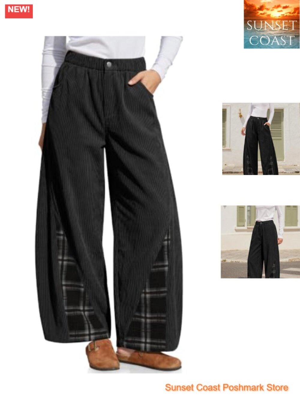 Womens Corduroy Wide Leg Barrel Pants Plaid Patchwork High Rise Casual